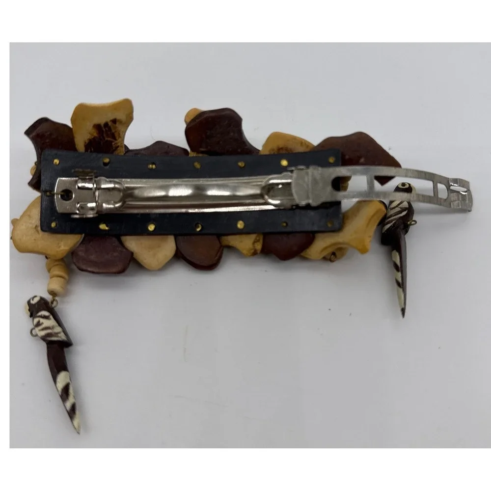 Vintage Tropical Wood Parrot‎ Barrette Beaded Bird Hair Clip Brown Cream Boho